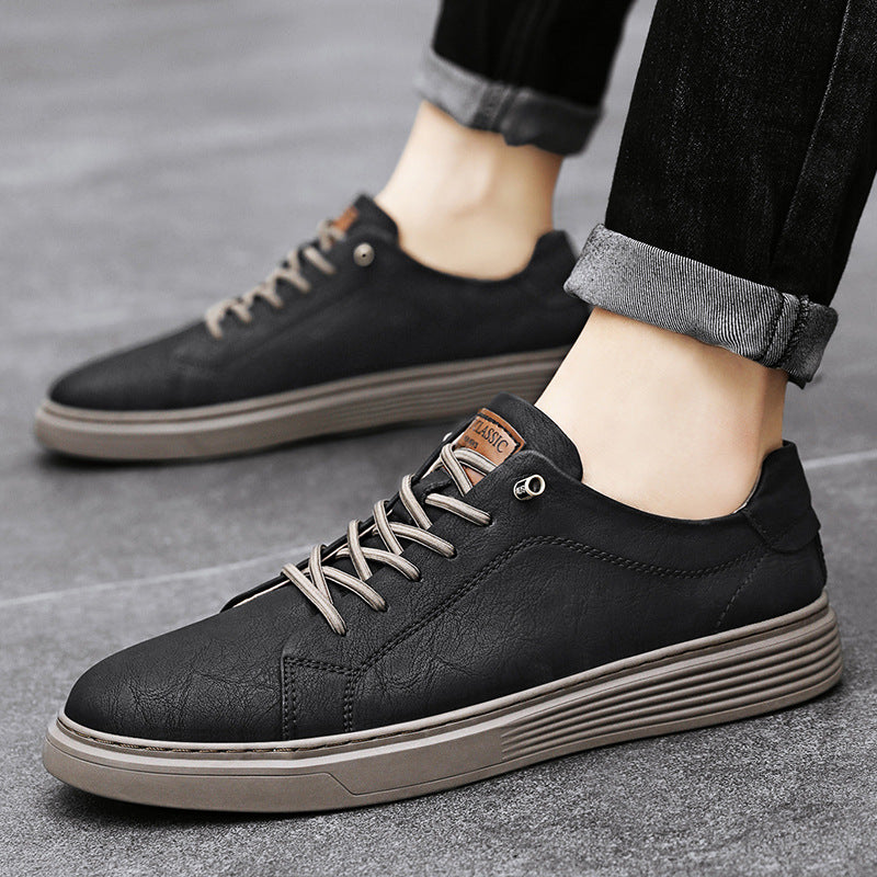 Low-Top Men’s Cowhide Leather Casual Sneakers – Breathable Board Shoes with Rubber Sole | Stylish Shoes